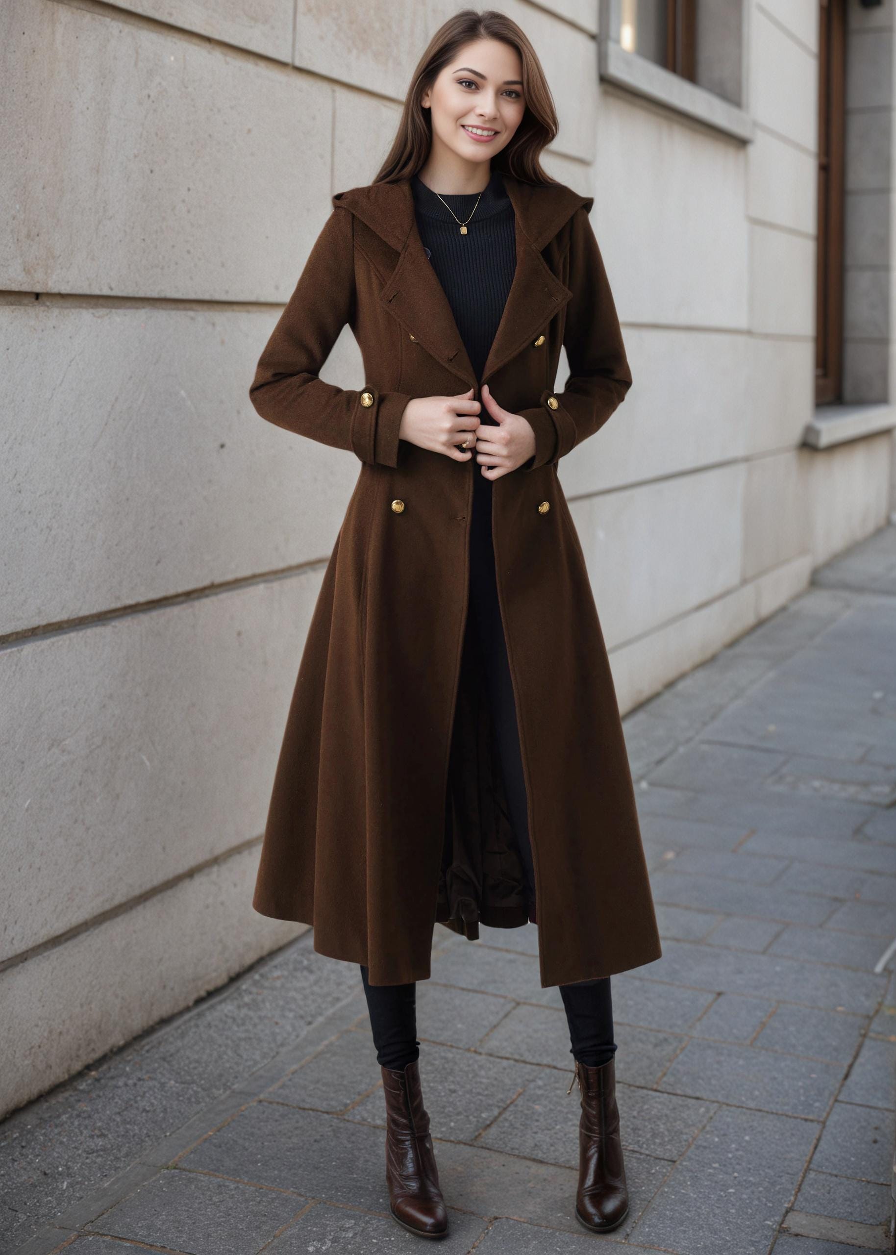 Double Breasted Wool Coat, Hooded Coat, Long Wool Coat Women, Warm