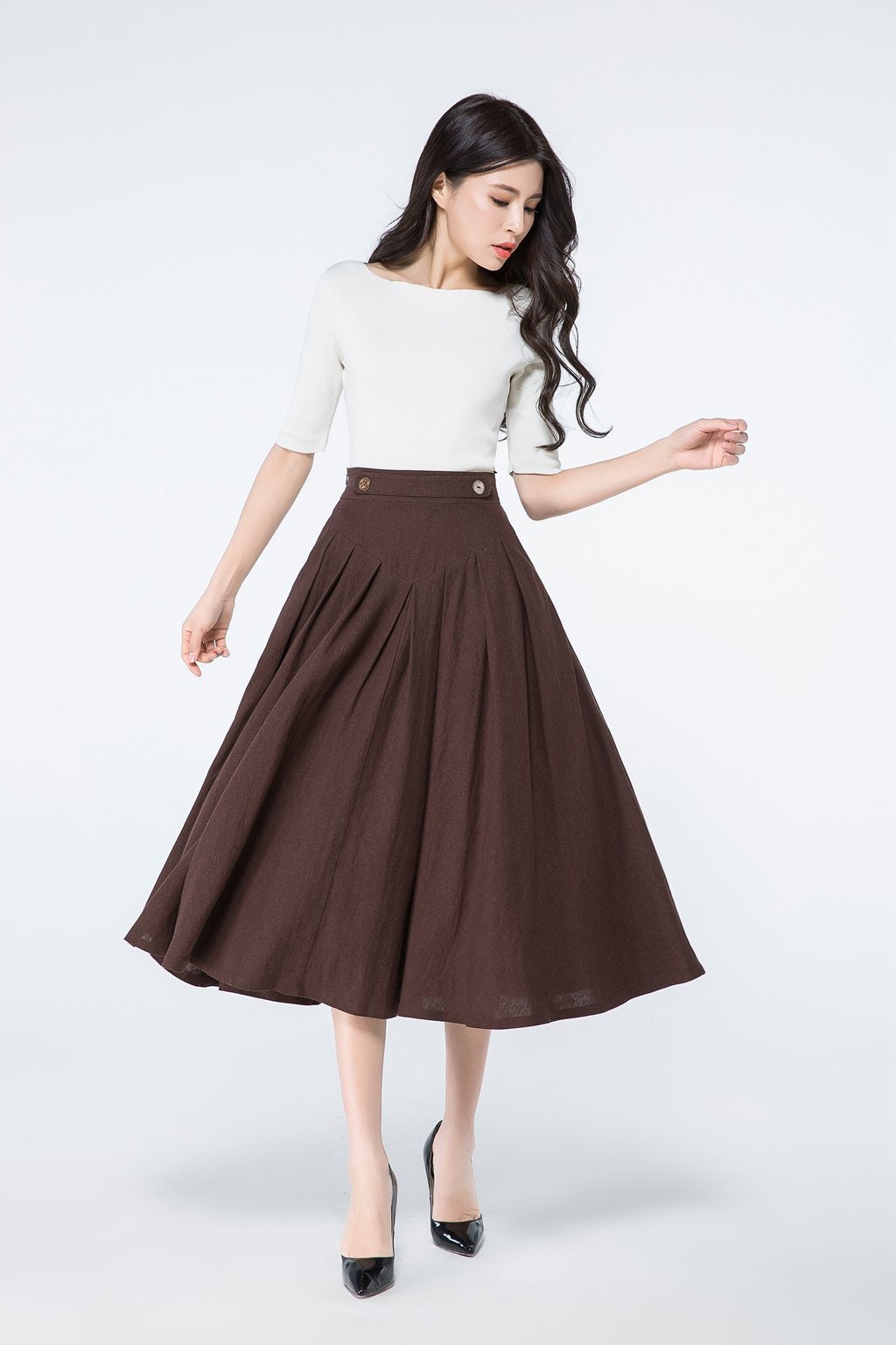 Brown Linen Midi Skirt Pleated Linen Skirt Women s Circle Skirts Vintage Inspired Linen Skirt With Pockets Casual Skirt Ylistyle C1064 Etsy