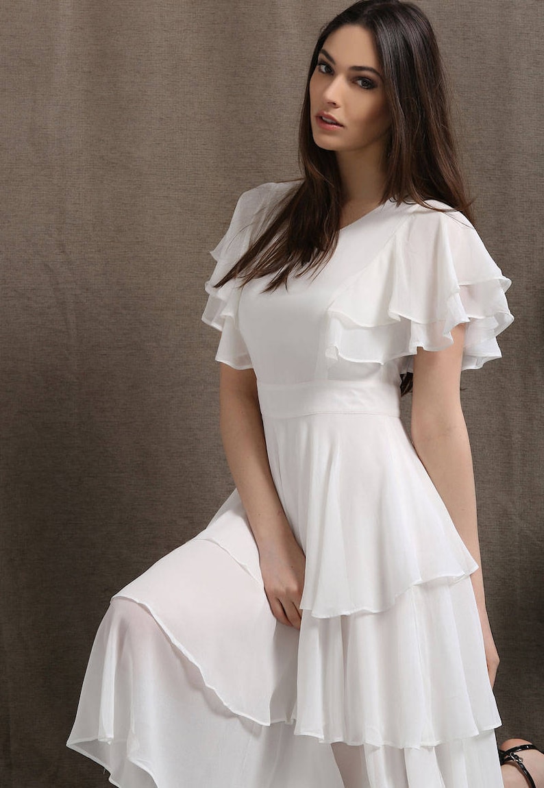 White dress, Chiffon dress, ruffle dress, midi dress, Simple wedding dress, Wedding guest dress, Summer dress, Custom beach dress C429 image 7