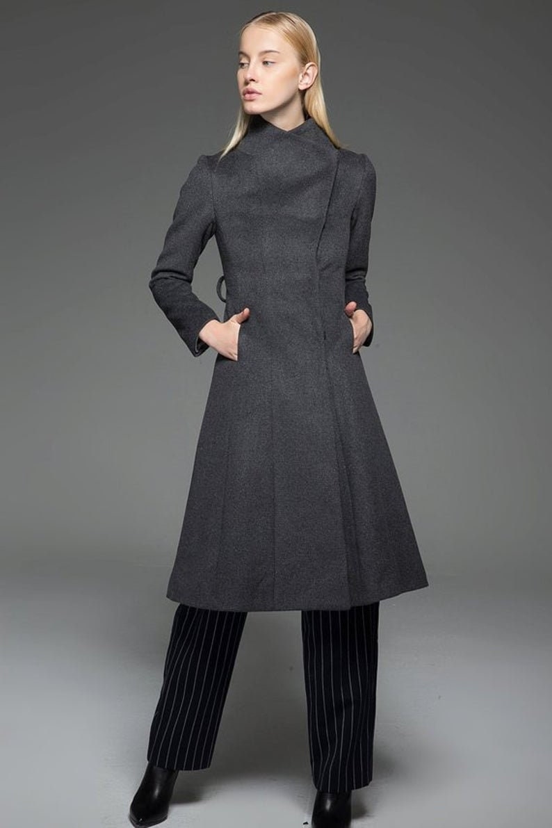 Wool coat women, Winter coat women, green coat, Asymmetrical wool coat, Belted coat, Long wool coat, Autumn Winter outerwear C713 4-Drak gray