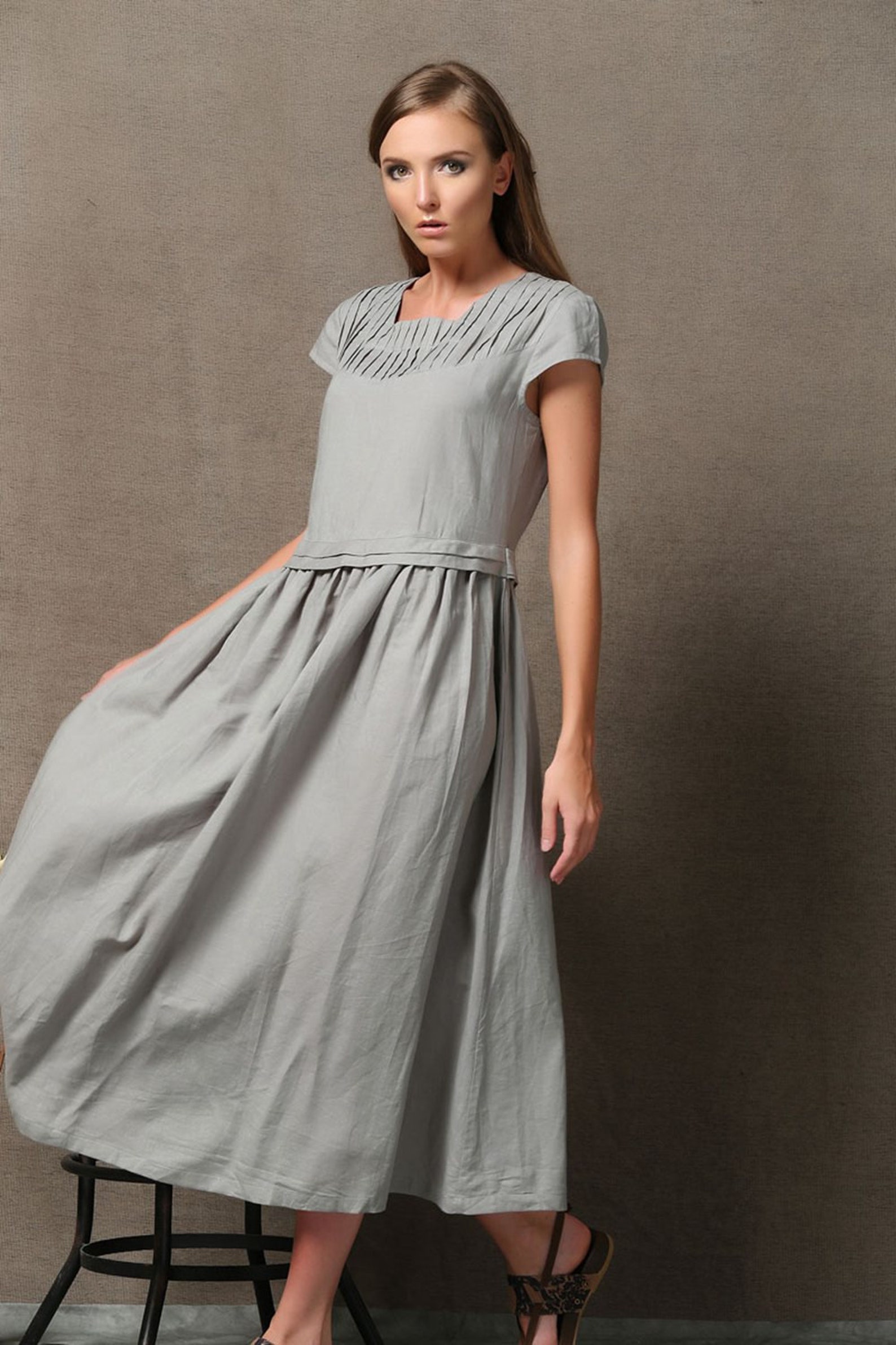 Gray Linen Dress Plus size Maxi dress with pockets Short | Etsy