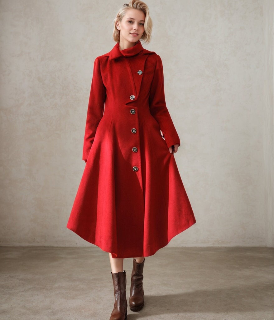 Red Wool Coat, Asymmetric Wool Coat, Long Wool Coat, Hooded