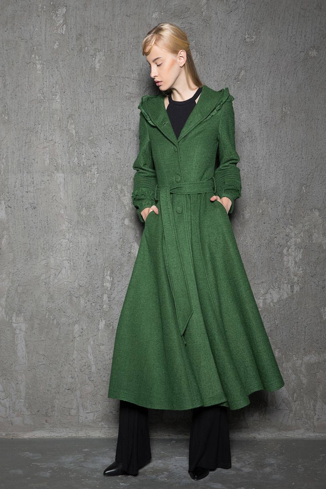 Emerald Green Midi Hooded Wool Coat Long Hooded Coat Fit and Etsy