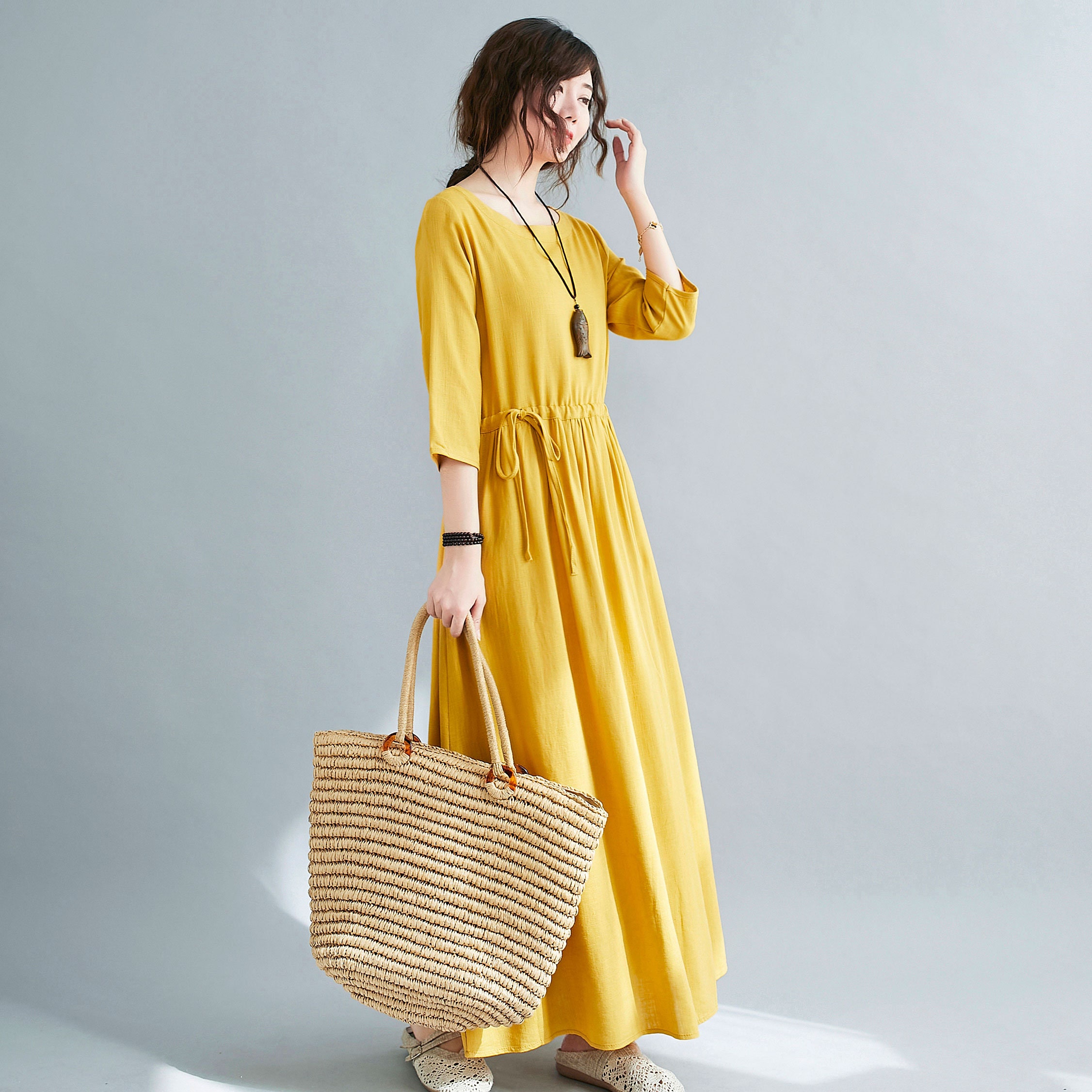 New Summer Soft Yellow Linen Dress Half Sleeve Linen Long Etsy UK