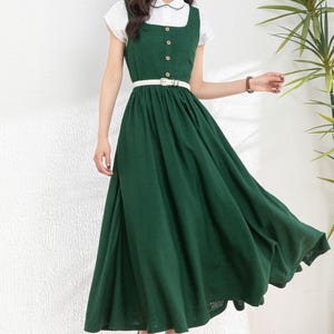 Sommerliches Grünes Leinen Trägerkleid, Langes Midi Leinenkleid für Damen, Fit and Flare Kleid, Swing Kleid, Kleid mit Taschen, Ylistyle C4983