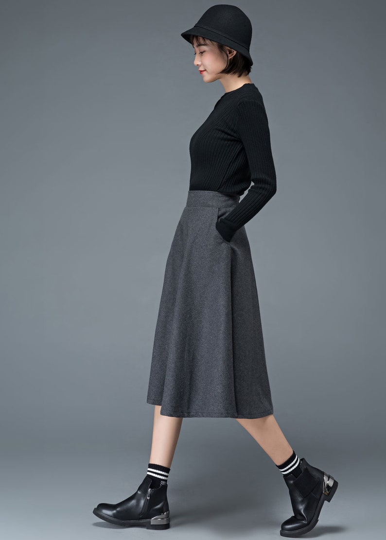 Wool skirt, Wool midi skirt, flare skirt, Swing A line skirt, women skirts winter, Elastic waist skirt, Gray wool skirt, Ylityle C1193 image 4
