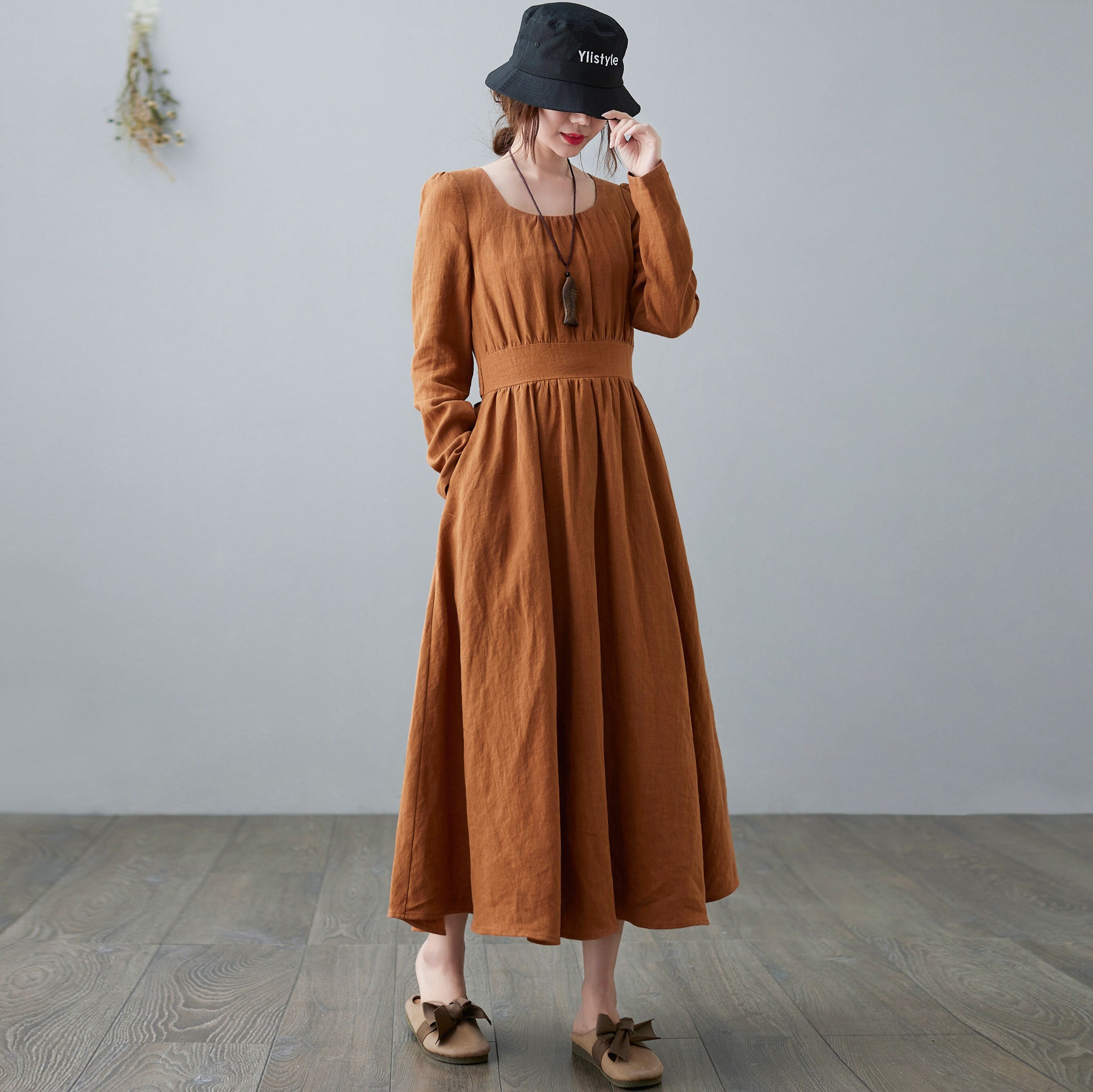 Linen Cotton High Waist Slit Tie Maxi Dress
