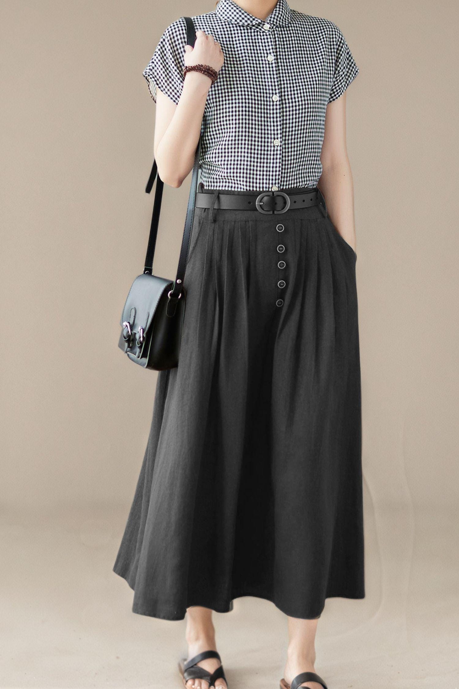 Women's Linen Blend Drawstring Maxi Skirt - High Waisted Flowy A-Line Long Skirt With Lining