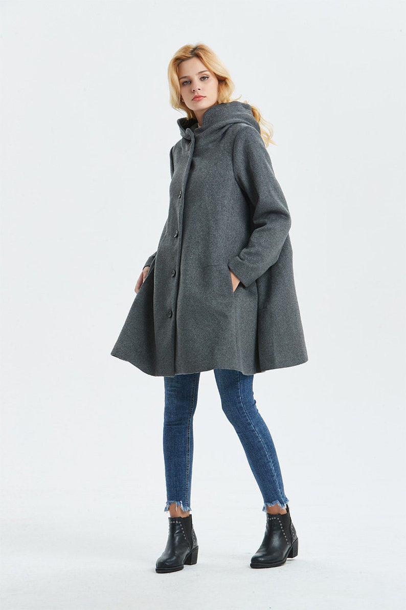 Hooded wool coat, Swing wool coat in Gray, Winter coat women, Warm winter coat, Plus size coat, Classic coat, Custom coat, Ylistyle C1317 image 1