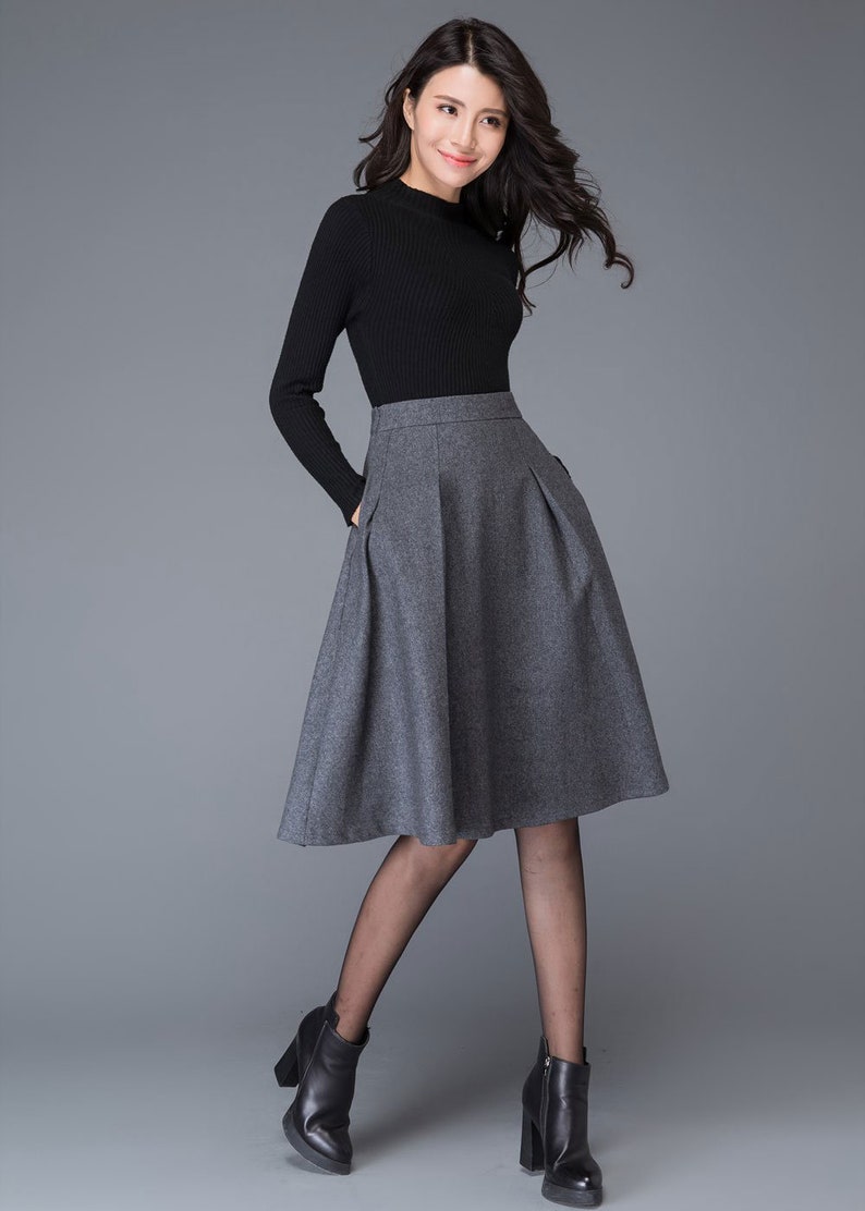 Gray wool skirt, Autumn winter Midi wool skirt, winter skirt women, Gray Wool Skirt with pockets, A Line wool skirt, wool clothing C1003 C1-Gray-C1003
