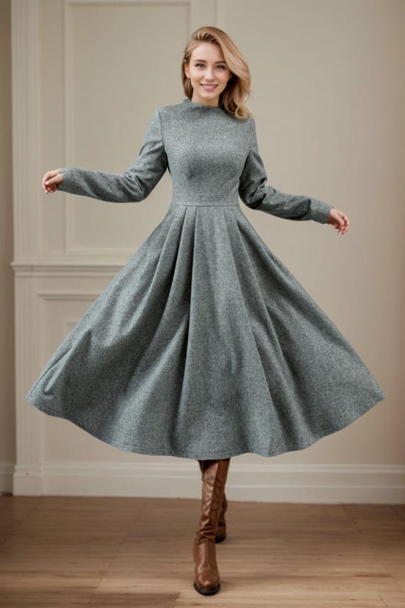 Wool Dress, Swing Wool Dress Women, Gray Pleated Wool Dress, Long