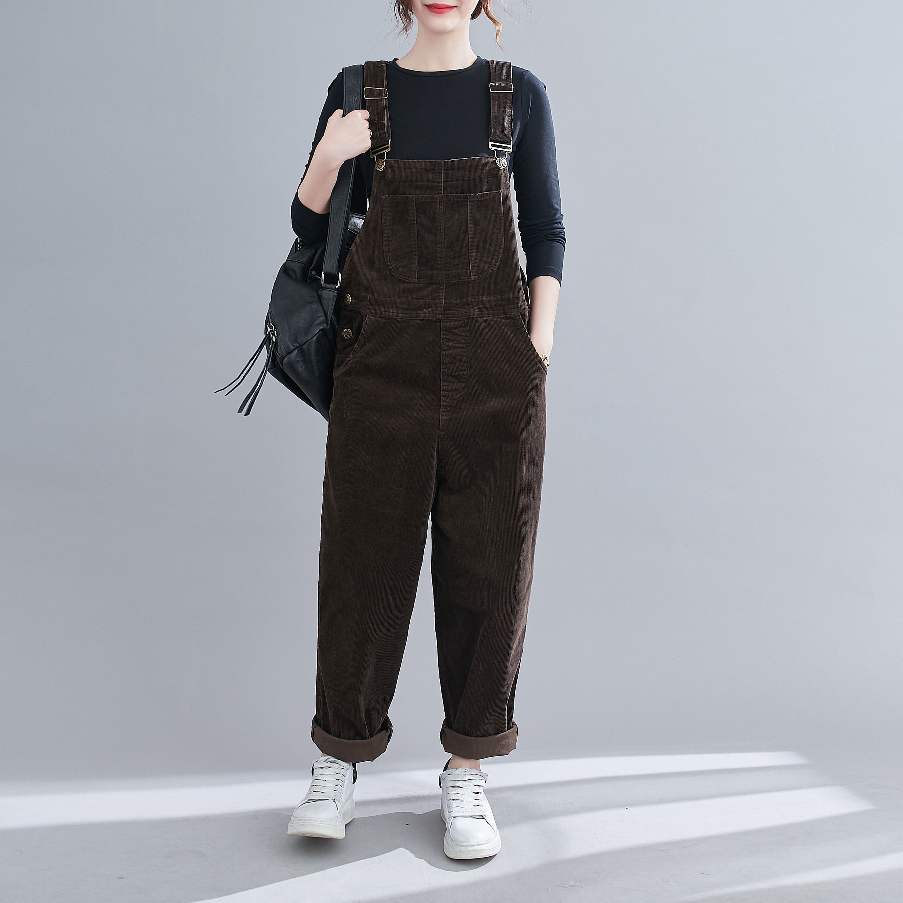 Retro Brown Corduroy Overalls, Women's Plus Size Overalls