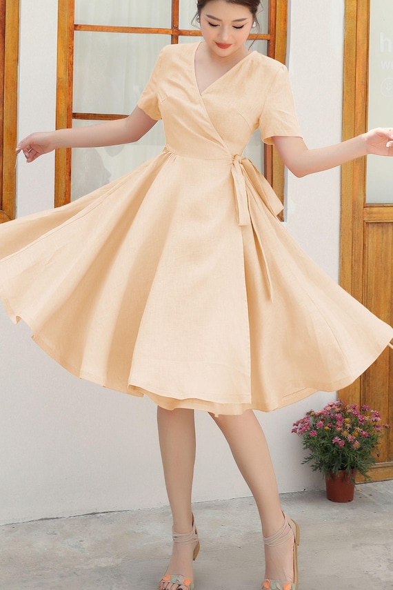 Soft Peach Family wedding dress, Womens Mini Linen Wrap dress, Summer Swing Linen dress, Date dress, Outdoors dress, ylistyle C4876