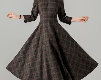 Brown Wool Blend Vintage Fit and Flare Dress Mid-Calf Length, Custom Dress, Ylistyle C5699