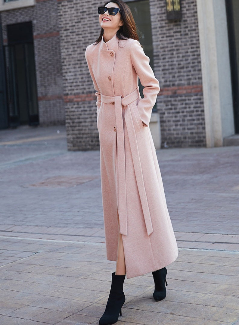 Pink long wool maxi coat, women wool trench coat, Winter jacket coat Belted wool coat, Autumn winter outerwear, Custom coat, Ylistyle C1789 image 2