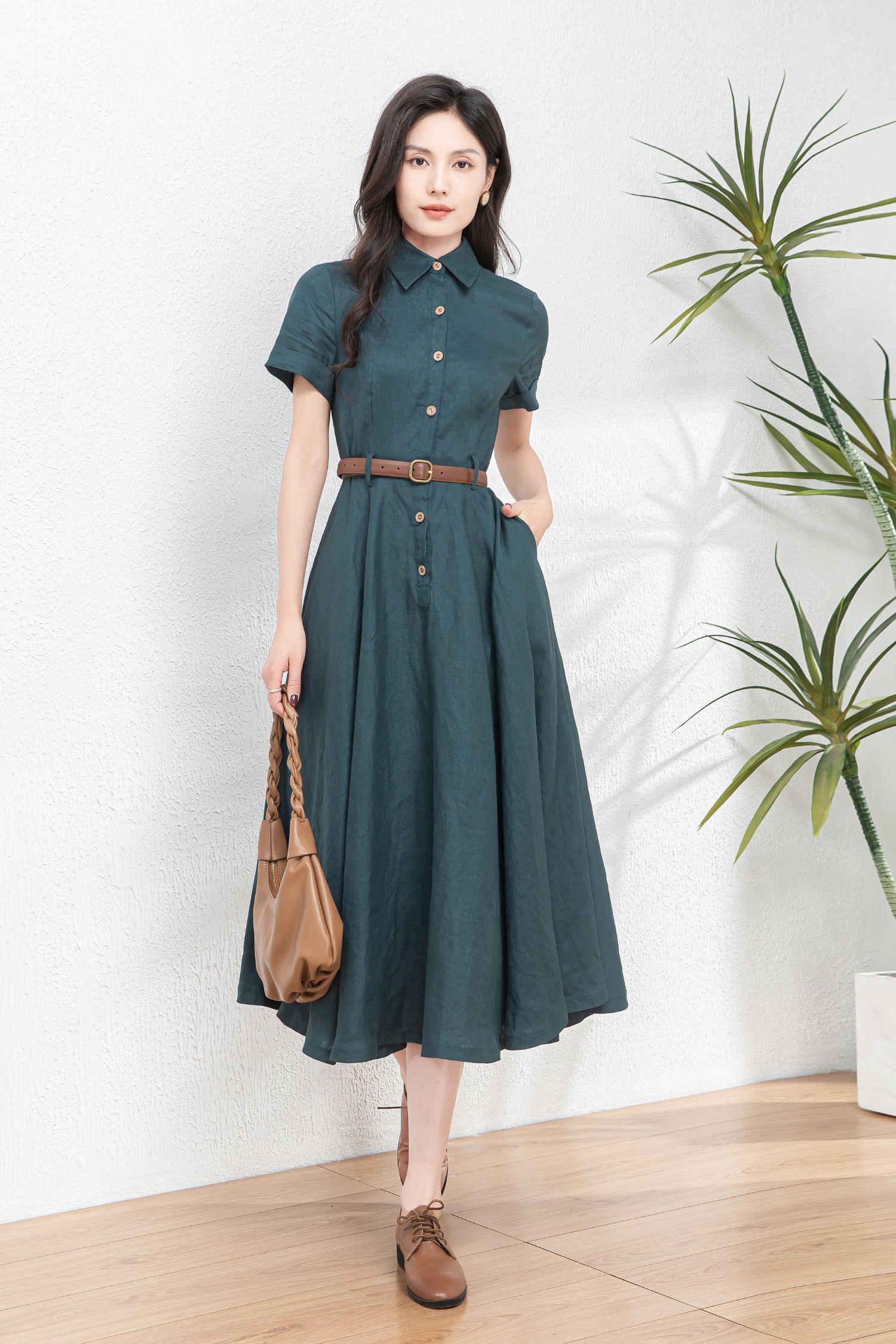 Deep Green Linen Shirt Dress, Button Front Linen Midi Dress