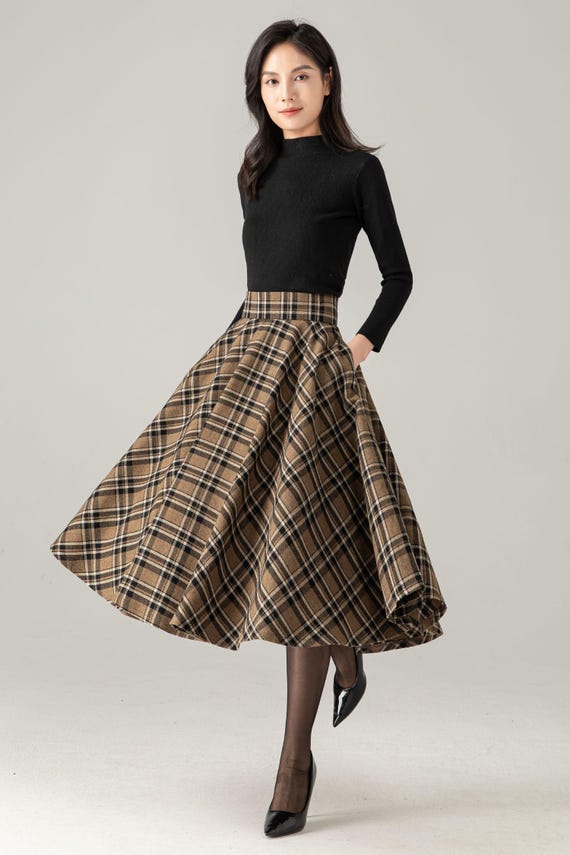 Wool Blend Plaid Midi Skirt : High Waist Swing Circle Skirt