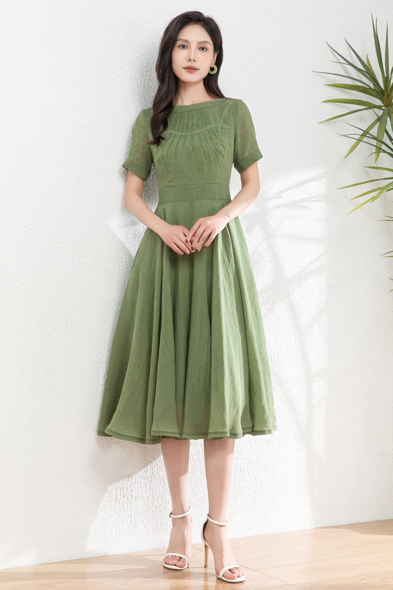 Bröllopsgästklänning, Grön linneklänning för kvinnor, Sommarklänning, Figursydd och utsvängd klänning, brudtärneklänning, Specialdesignad klänning, Ylistyle C4982 bild 8