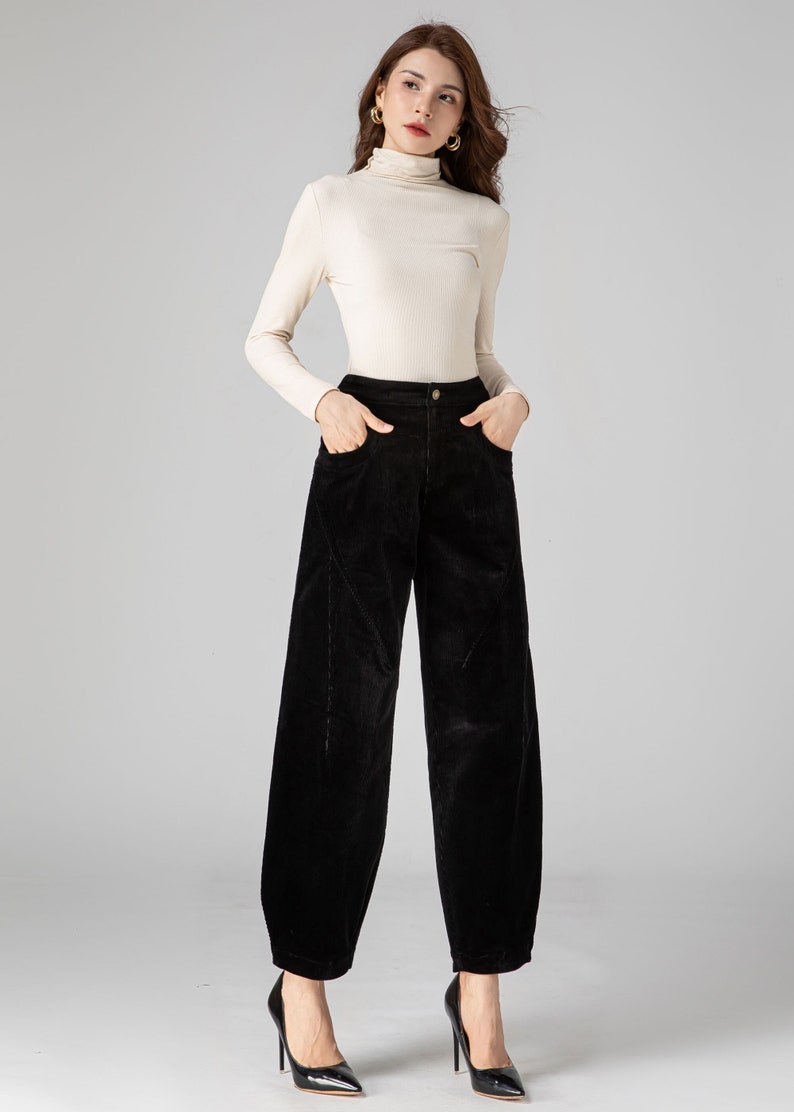 Black Corduroy Pants Women, Tapered Pants, Autumn Pants, Long Pants, Womens Pants, Loose Fitting Pants, Handmade Pants, Made to Order C3592 image 2