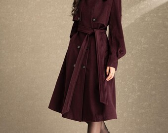 ウールコート、バーガンディコートレディース、ミディウールコート