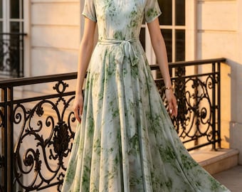 Green Floral Chiffon Maxi Dress, Elegant Summer Wedding Guest Dress, Chinese Style Mock Neck Short Sleeve Dress,  Custom, Ylistyle C5577
