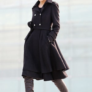 Black wool coat, Fit and flare coat, Knee length winter coat, double breasted coat, women coat, knee length woman jackets, warm coats C219 image 6