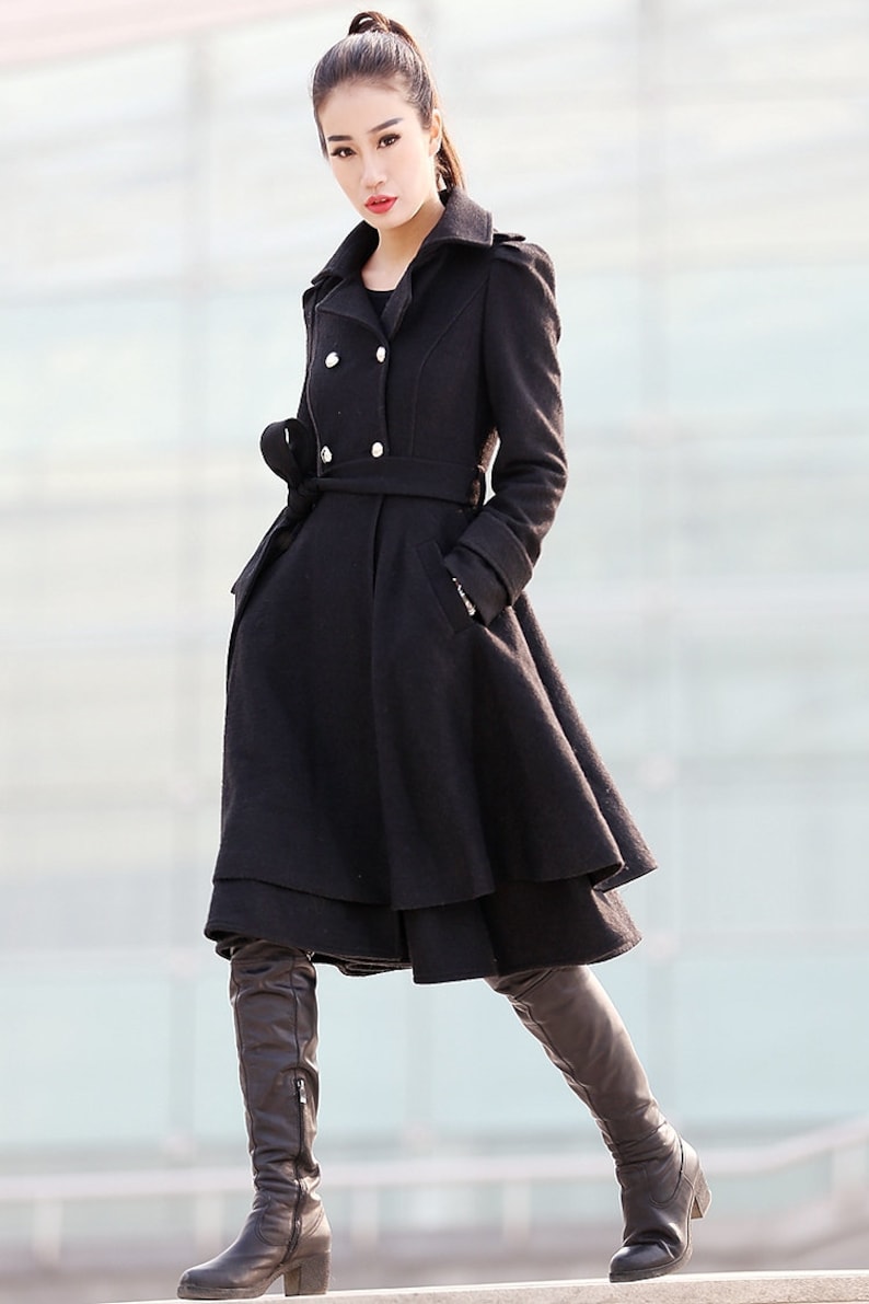 Black wool coat, Fit and flare coat, Knee length winter coat, double breasted coat, women coat, knee length woman jackets, warm coats C219 image 6