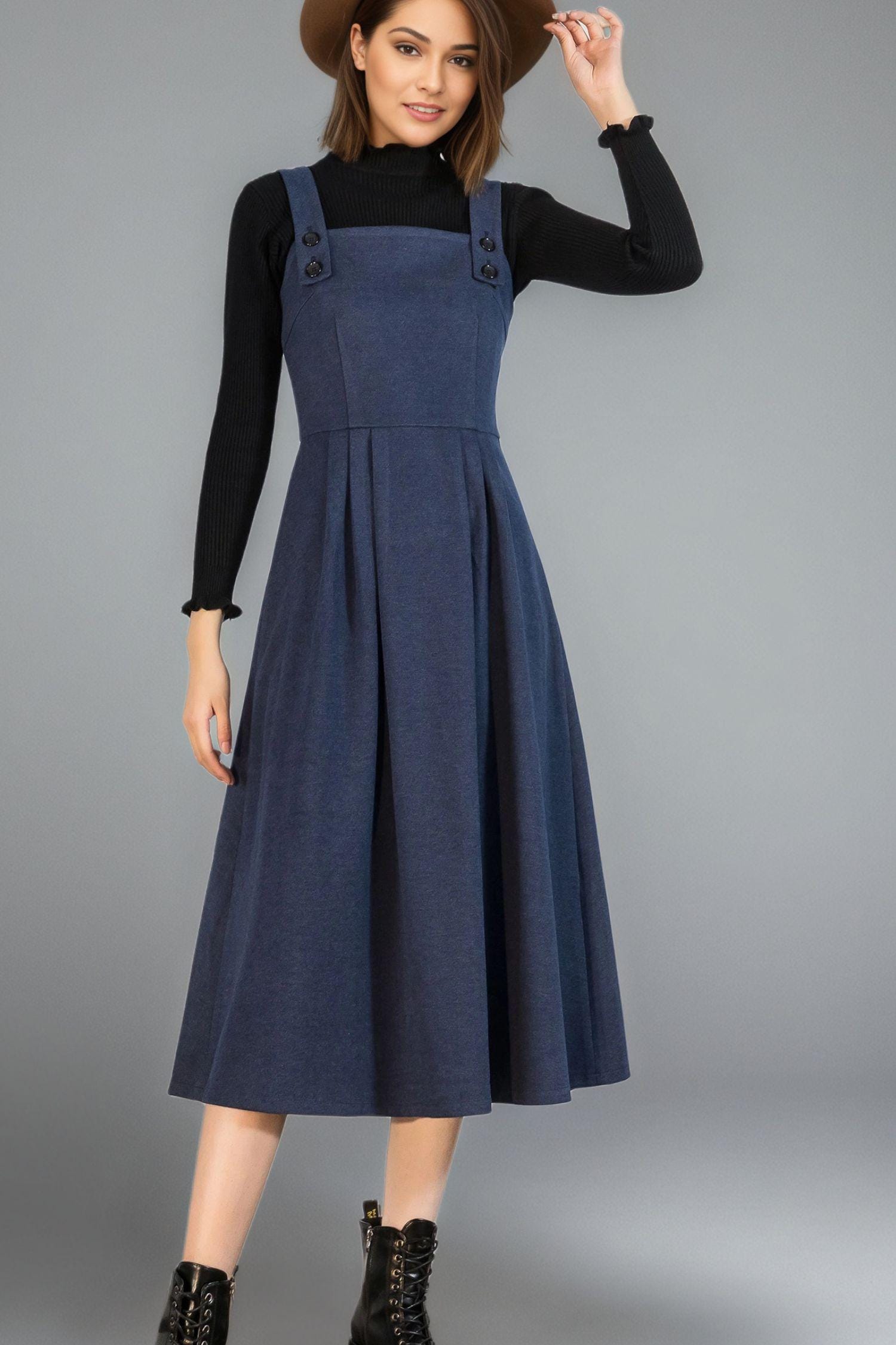Blue Wool Pinafore Midi Dress, A-Line Sleeveless, Ylistyle C1757 Blue Wool Pinafore Midi Dress, A-Line Sleeveless, Ylistyle C1757
