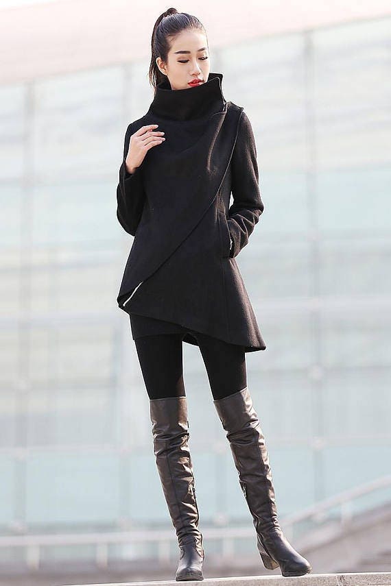 Black Coat Wool Coat Winter Coat Woman Coat Asymmetrical - Etsy