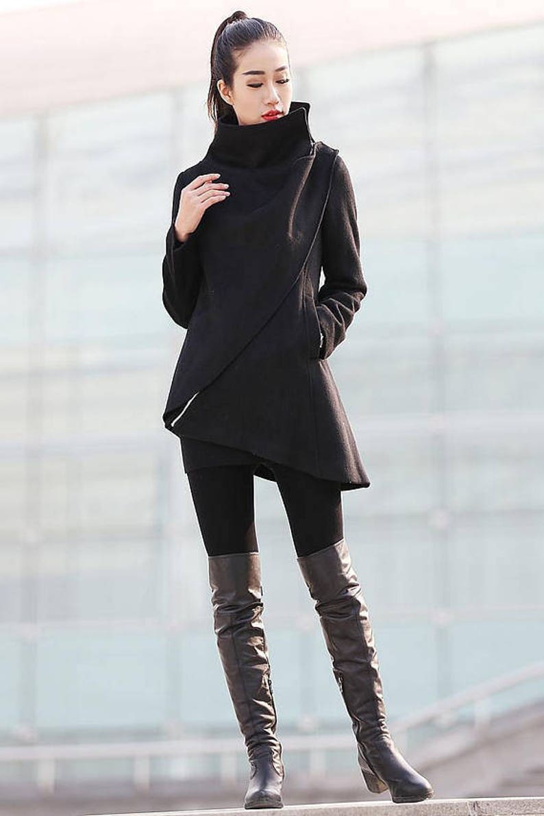 Black coat, Wool coat, winter coat, woman coat, Asymmetrical coat, high collar coat, zipper coat, short coat, handmade coat C227 C1-Black-C227