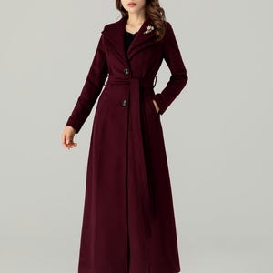 Casaco comprido de lã bordô feminino, Casaco de inverno de lã feminino, Casaco treché de lã, Casaco maxi de lã, Casaco de lã com cinto, Casaco feito à mão, Ylistyle C3693 imagem 3