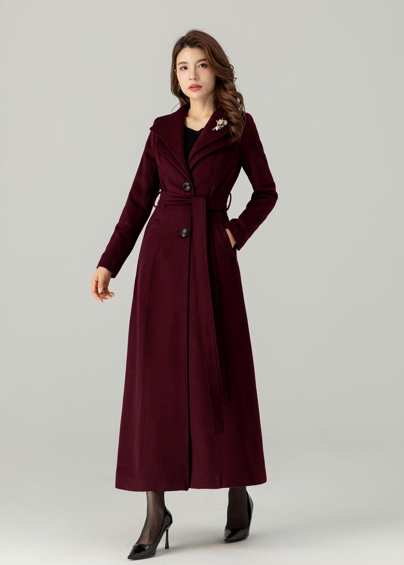 Casaco comprido de lã bordô feminino, Casaco de inverno de lã feminino, Casaco treché de lã, Casaco maxi de lã, Casaco de lã com cinto, Casaco feito à mão, Ylistyle C3693 imagem 3