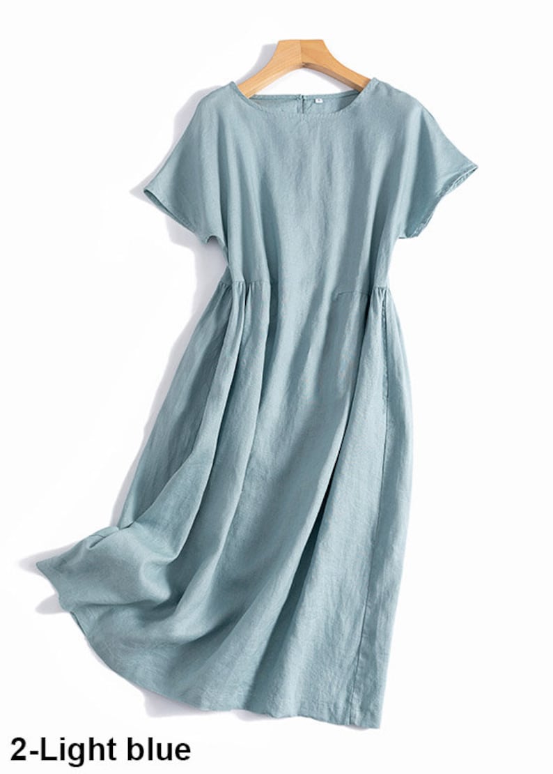 Linen Dress, Linen Midi Dress, Womens Linen Dress, Short Sleeve Dress, Summer Dress, Handmade Dress, Long Linen Dress, Custom Dress C3163 2-Light blue