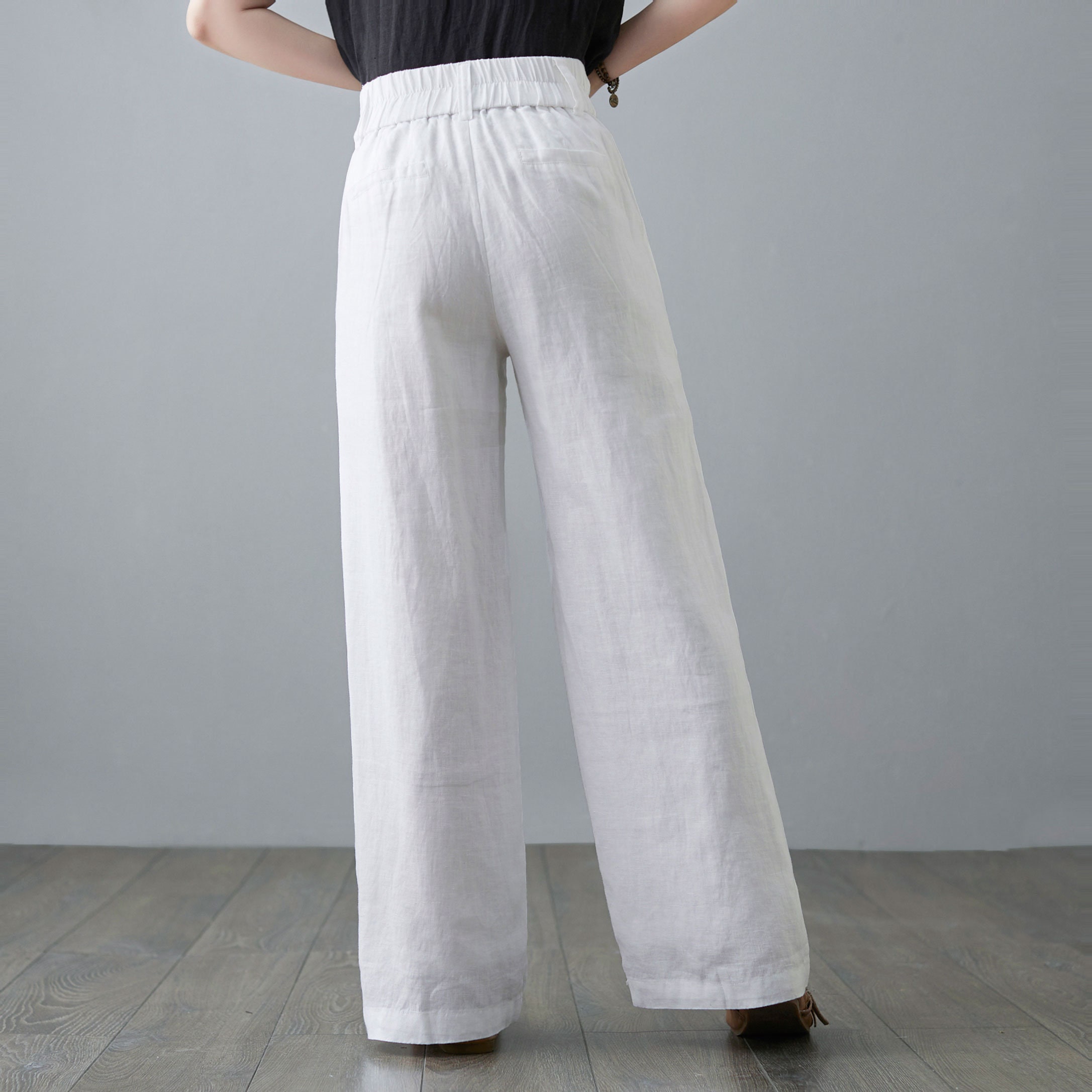 White Wide Leg Linen Pants for Women, Causal Zipper Button Closure  display picture 1