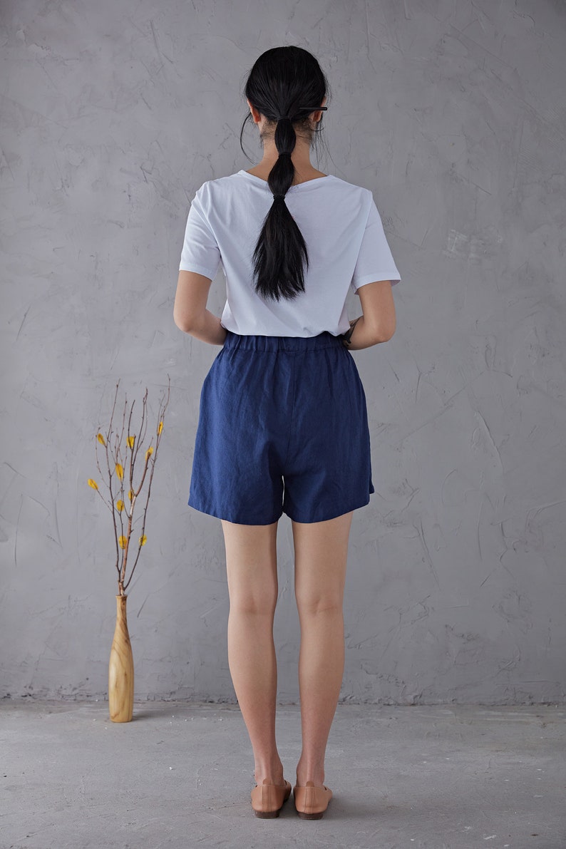 Blue High waist Linen Shorts, Linen shorts, Women Linen shorts, Linen Beach Shorts with pockets, Handmade shorts For Women C1906 image 7