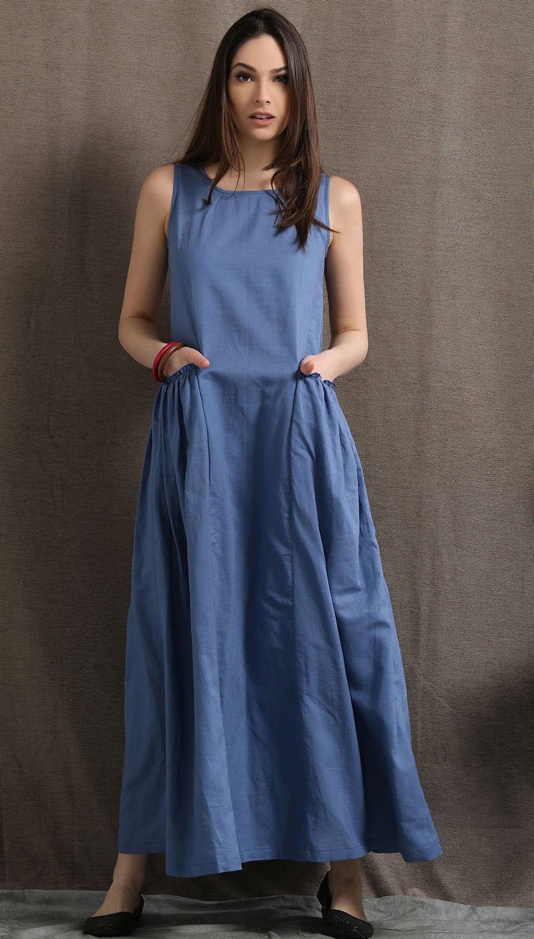 Maxi Linen Dress Blue Long Casual Comfortable Sleeveless Women's Summer ...