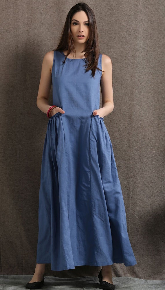 Maxi Linen Dress Blue Long Casual Comfortable Sleeveless | Etsy