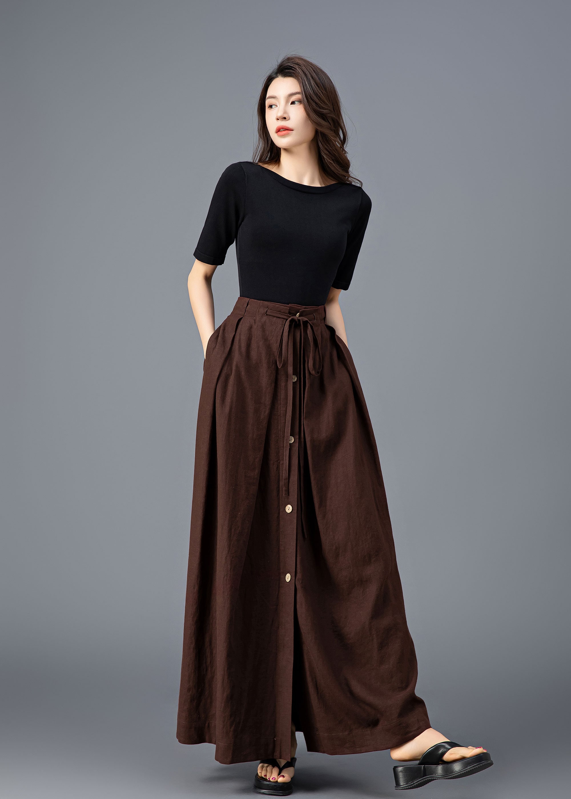 スカート Uhr/ Linen Big Button Skirt/ BROWN Linen Maxi Skirt, Button Down Linen Skirt, Brown Skirt