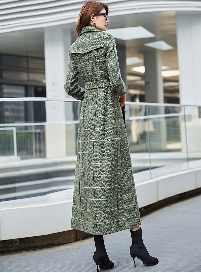 Green Plaid Wool Coat, Long Wool Coat, Winter Coat Women, Belted Wool Coat, Wool trench coat, Warm Wool Coat, Custom Coat, Ylistyle C3031 image 4