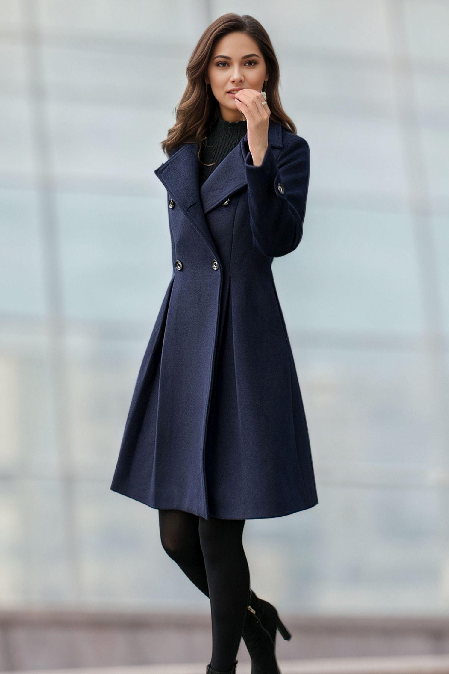 Navy Blue Double Breasted Wool Coat, Wool Coat Women, Short