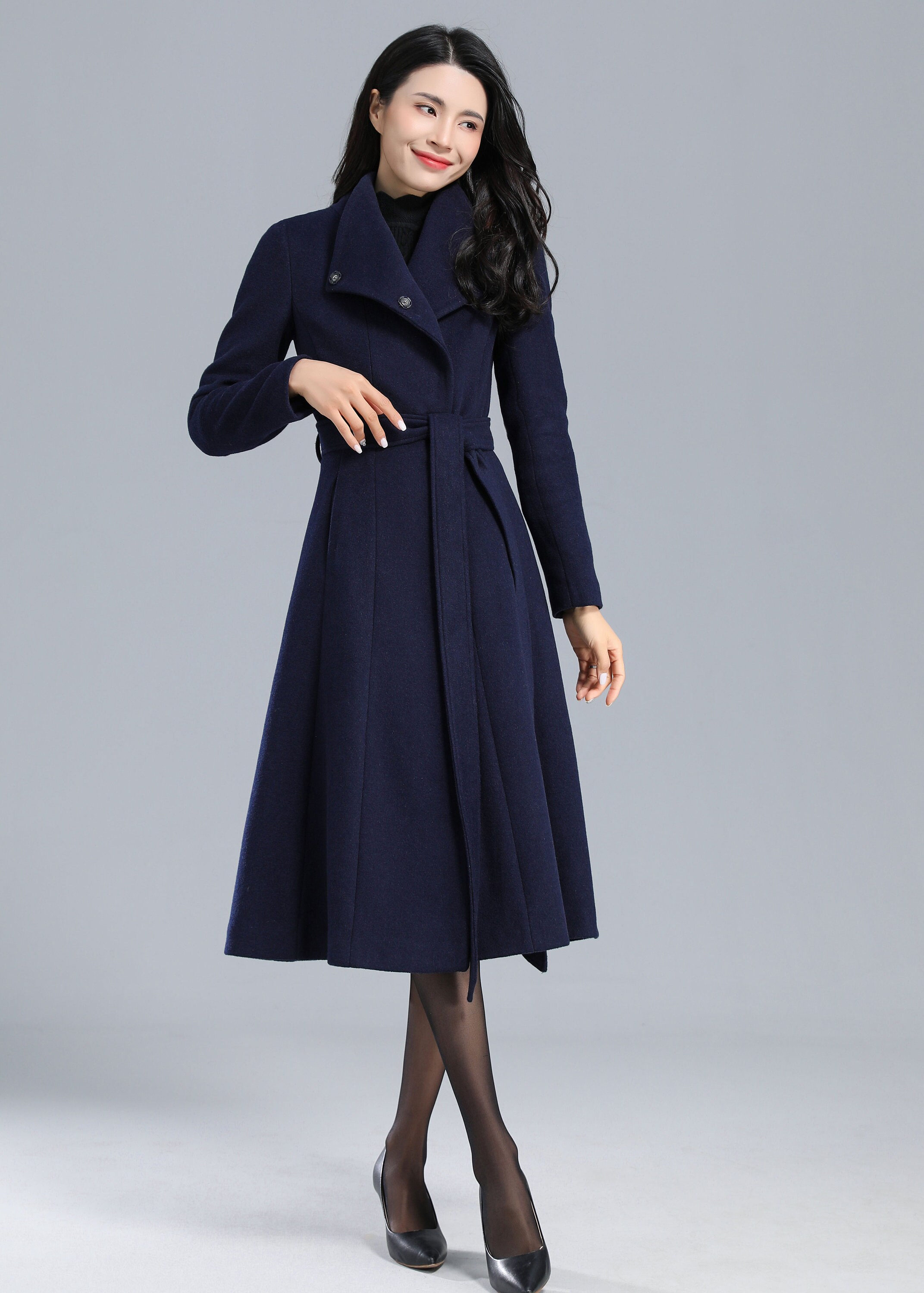 Wool Coat Women, Asymmetric Wool Coat, Belted Coat, Navy Wool Coat Women, Asymmetric Wool Coat, Belted Coat, Navy