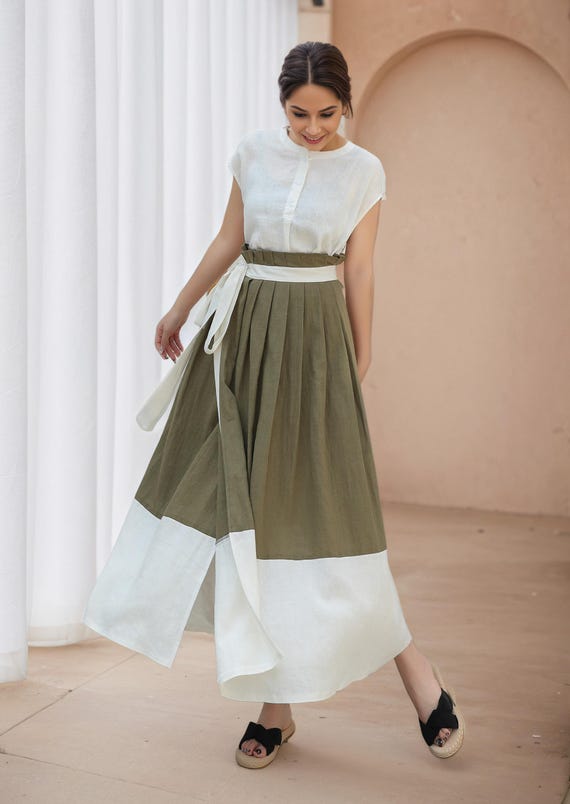 Womens Wrap Linen Maxi Skirt, Patchwork A-line Skirt, Green