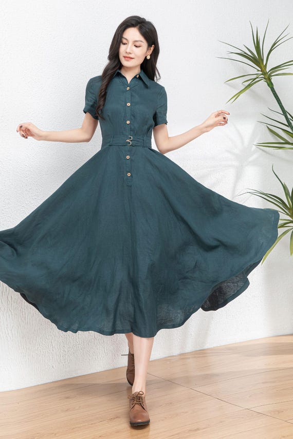 Button Front linen Midi shirt dress C4767 dark green / XS