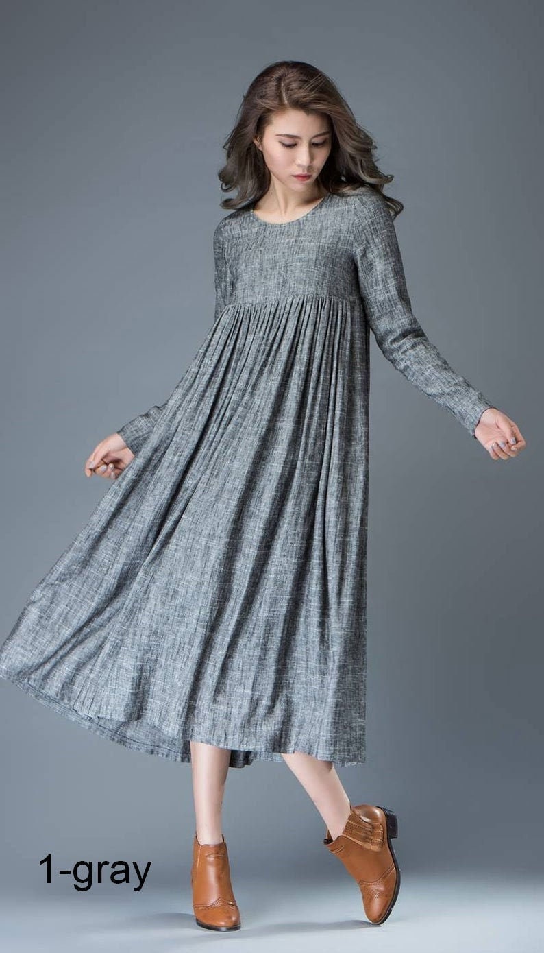 Maxi Linen dress Comfortable Linen Loose-Fitting Long Sleeved Everyday Marl Grey Midi-Length Woman's Dress C808 1-gray