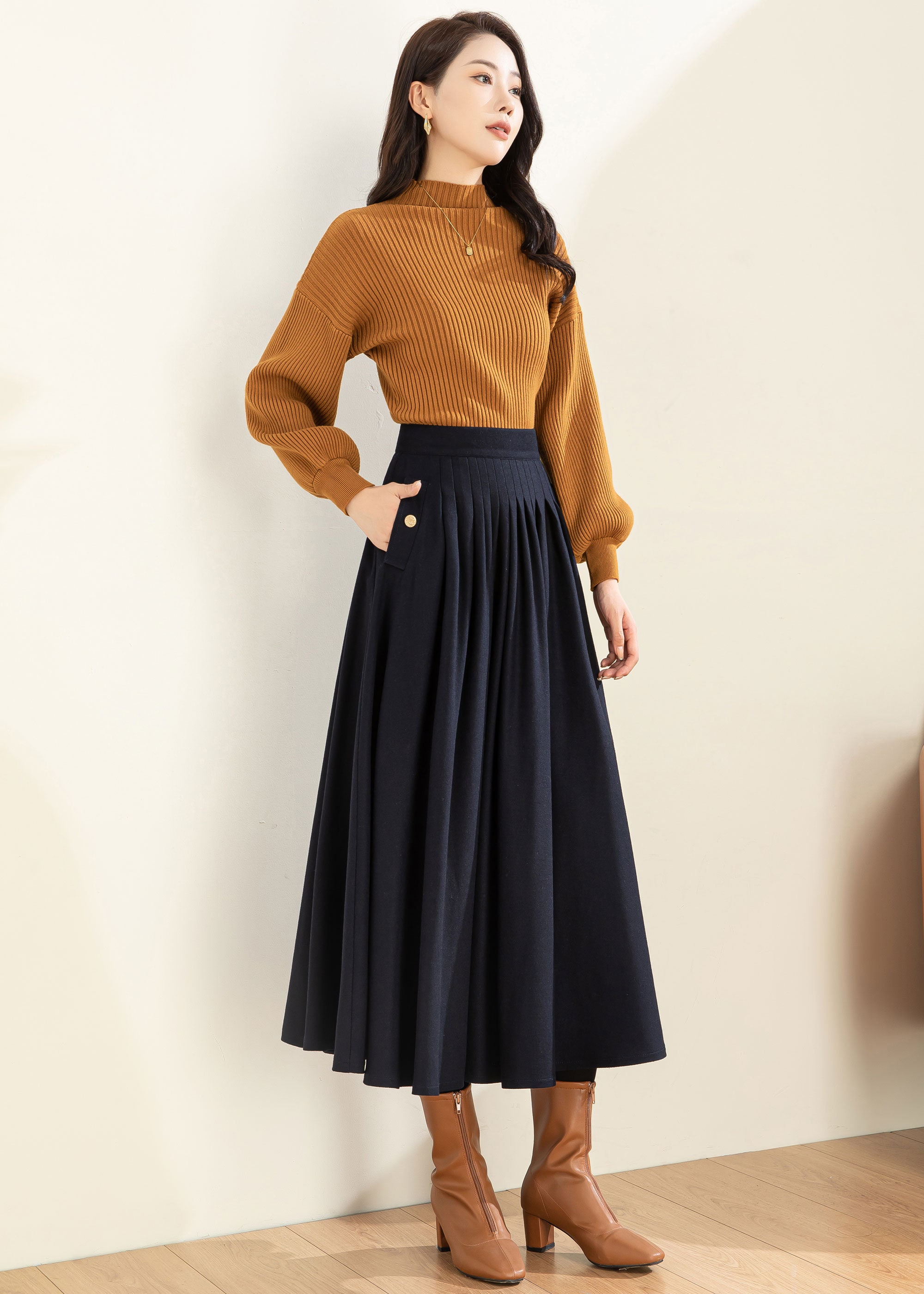 【BAON】Tobel stripe wool pleated midi skirt - Wool 50 BAON】Tobel stripe wool pleated midi skirt - Wool 50
