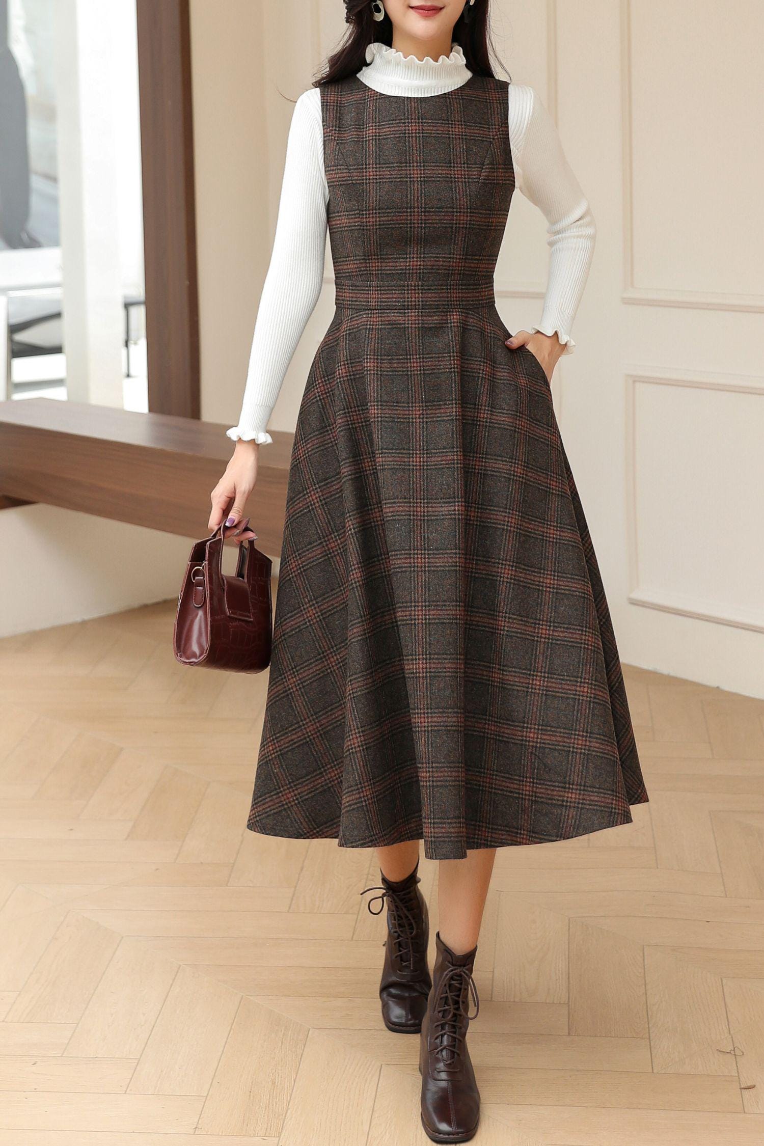 Brown Plaid Wool Midi Dress: Retro A-Line Fall Winter Dress, Custom, Ylistyle C5192 Brown Plaid Wool Midi Dress: Retro A-Line Fall Winter Dress, Custom, Ylistyle C5192