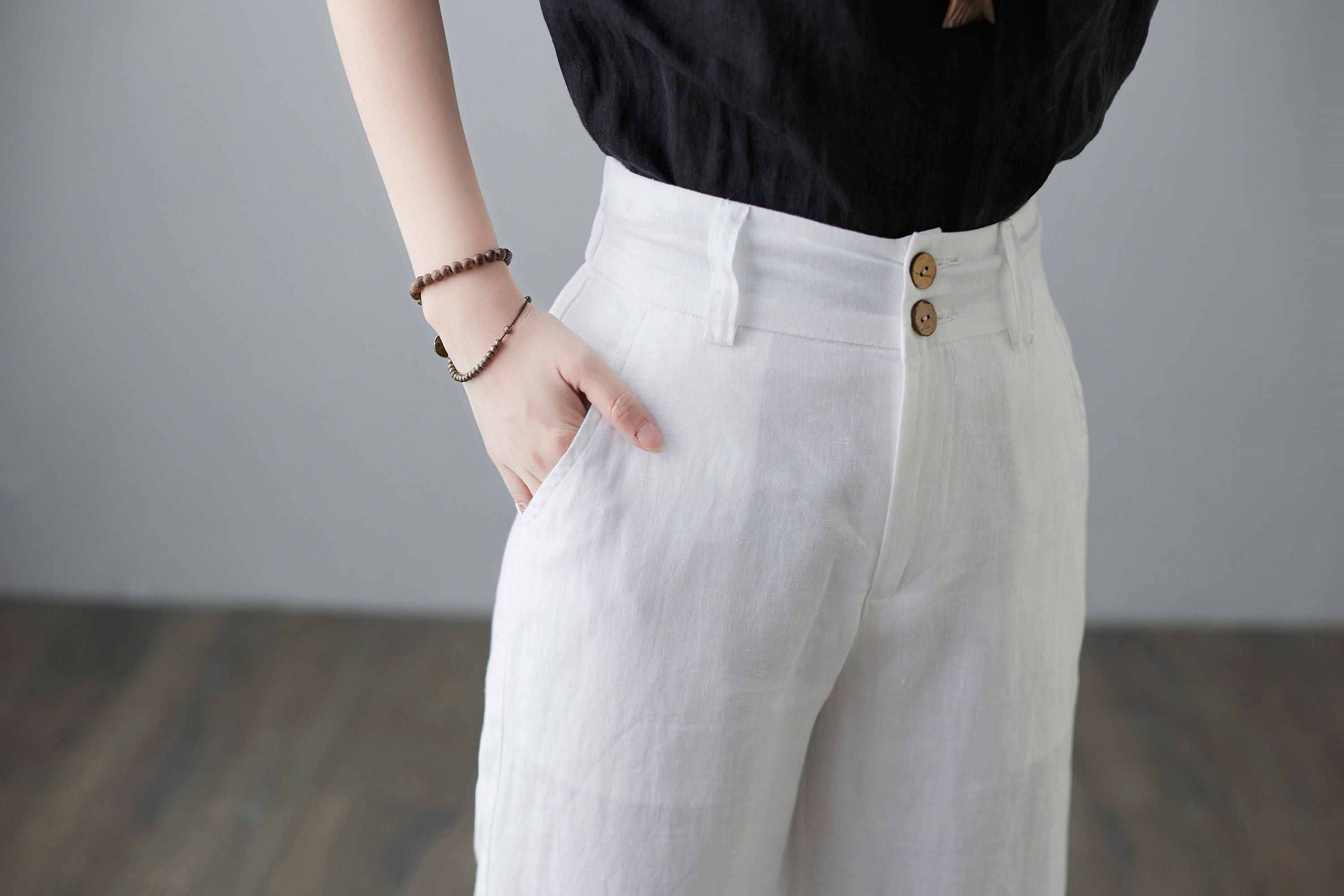 White Wide Leg Linen Pants for Women, Causal Zipper Button Closure