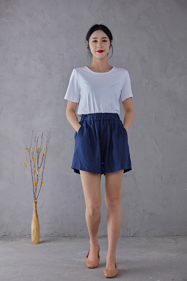 Blue High waist Linen Shorts, Linen shorts, Women Linen shorts, Linen Beach Shorts with pockets, Handmade shorts For Women C1906 image 3