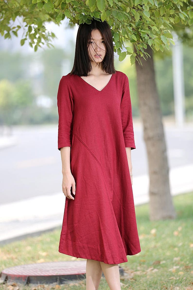 Red Linen Dress Midi Length Loosefitting Plus Size Vneck Etsy