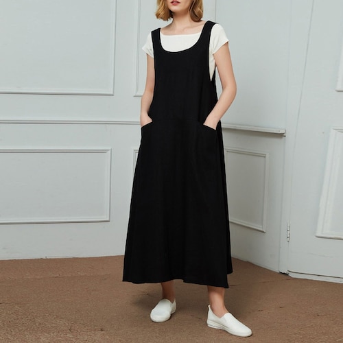 Sleeveless Black A Line Pinafore Dress Women's Summer Linen Sleeveless Dress, Loose Casual Black Strap Sleeveless Black A Line Pinafore Dress Women's Summer Linen Sleeveless Dress, Loose Casual Black Strap